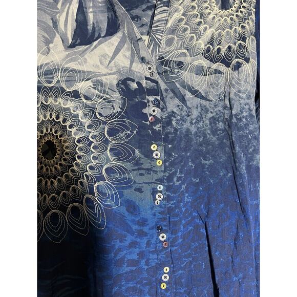Desigual EUC Blue Embroidered Batinga Button Up Flutter Sleev Top Shirt Blouse M - Picture 6 of 10